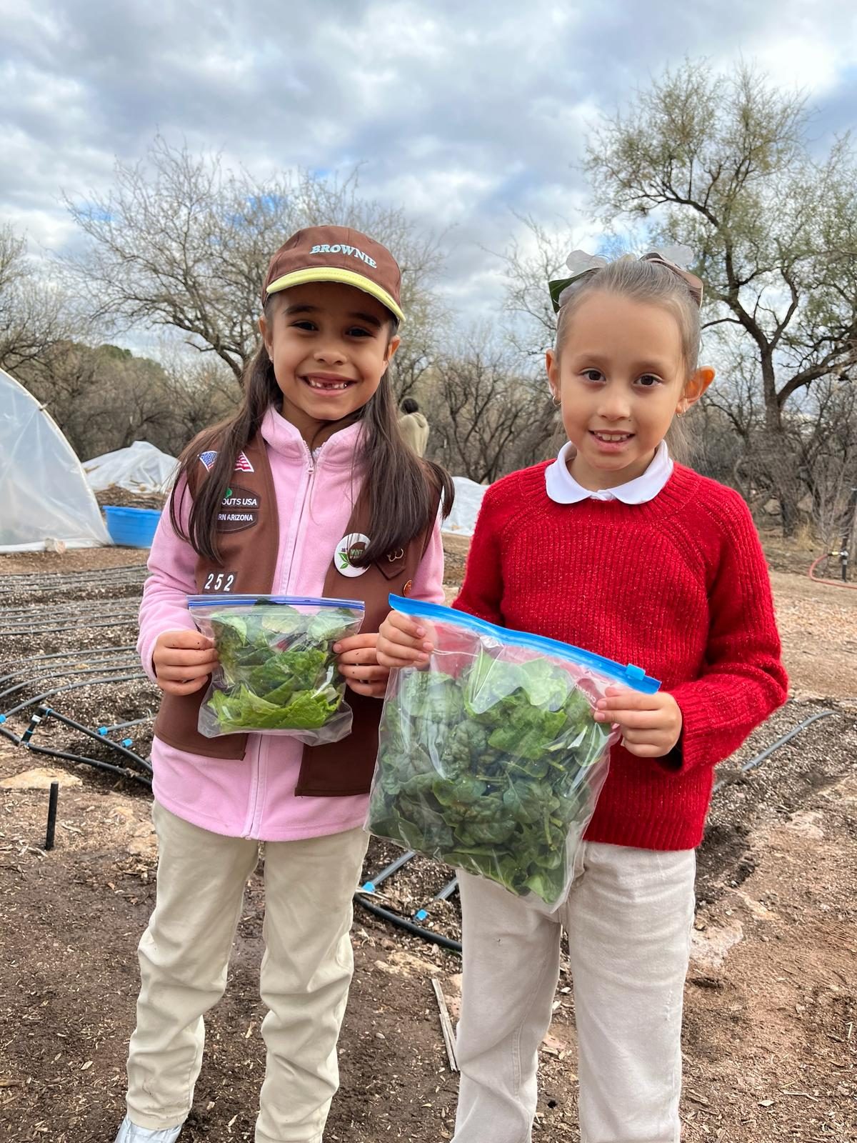 girl scouts hold bag of greens that they planted and cared for