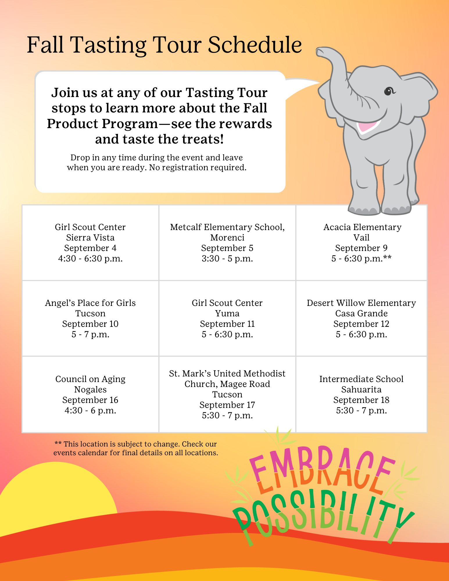 list of locations, dates and times of the 2024 fall product tasting tour