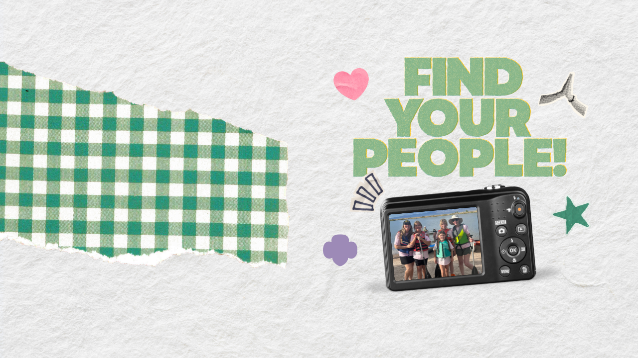 camera showing photo of troop leaders and friends with girl scouts at camping event