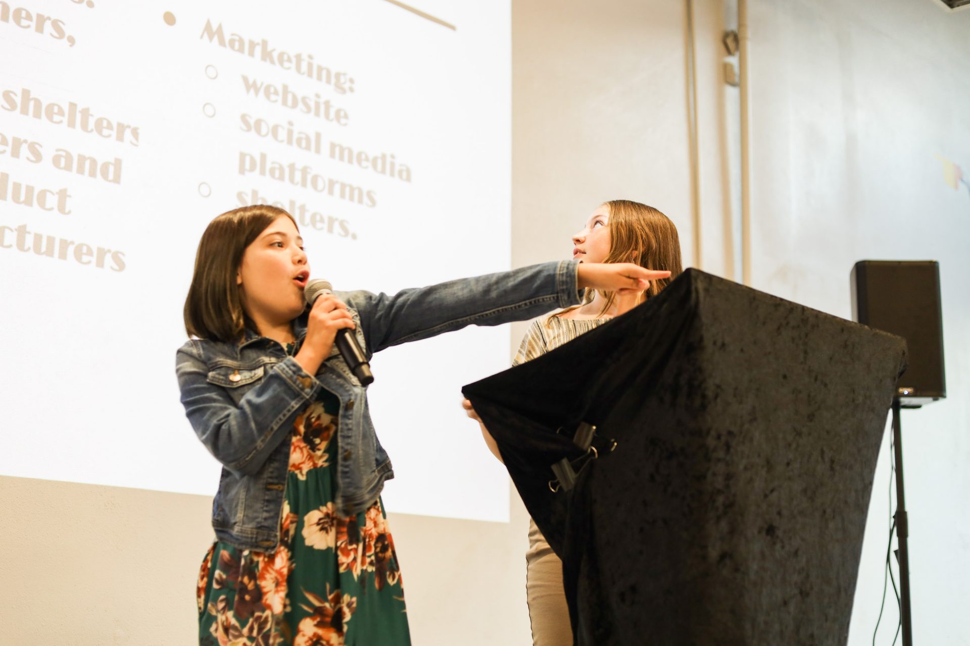 gs adventure participant presenting with mic and pointing at audience